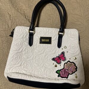 Betsey Johnson White and Black Handbag with Floral Accents